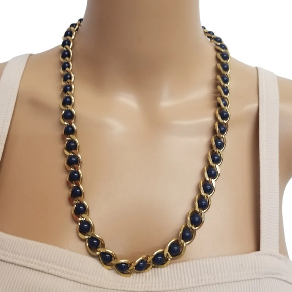 NAPIER VINTAGE GOLDTONED CHAIN & NAVY BLUE BEAD STATEMENT NECKLACE - Picture 1 of 5